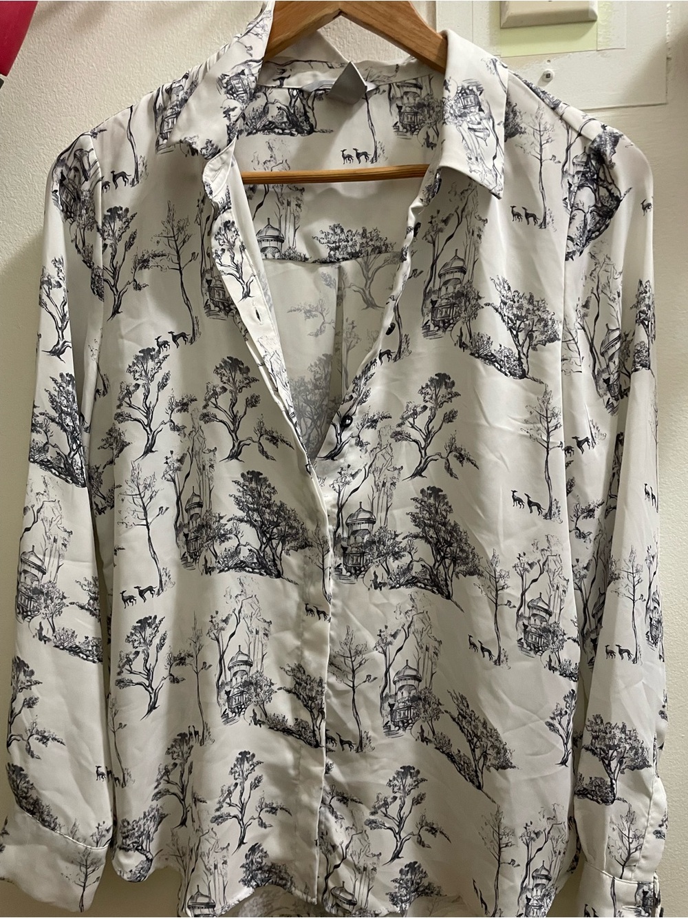 H&M White Button-Down Shirt with Black Toile Print